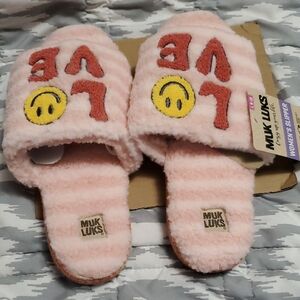 Muk Luks Pink Fuzzy Slippers with Love and Smiley